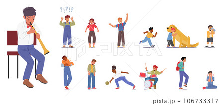 Set of Children Play Flute, Drums and Bowling. Girls and Boys Spend Time with Cats and Dogs, Drink Water, Characters 106733317
