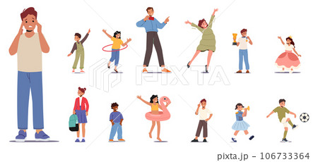 Set of Children. Girls and Boys Characters with Happy and Unhappy Face Expression, with Inflatable Ring, Smartphone 106733364