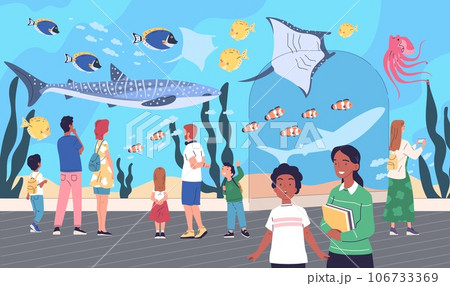 People in aquarium. Family visit oceanarium, children looking variety underwater sea fish, kid watch shark behind glass, marine animal zoo museum concept classy vector illustration 106733369