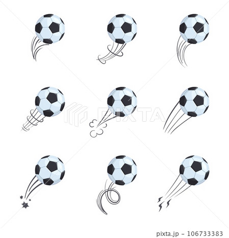 Soccer hit. Moving football balls to goal logo badges, flying ball speed flight swish shot effect, footballs power kick motions speedsoccer game matches cartoon vector illustration Soccer hit. Moving football balls to goal logo badges, flying ball speed flight swish shot effect, footballs power kick motions speedsoccer game matches cartoon vector illustration 106733383