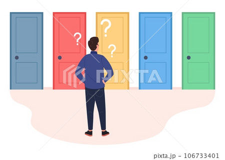 Choosing right door. Life way selection opportunity, lost man with question select route in multiple option of career goal, student choice, find decision vector illustration 106733401