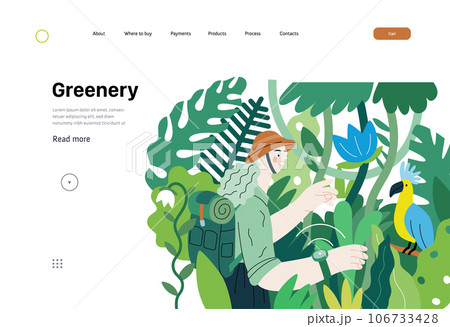 Greenery, ecology -modern flat vector concept illustration of a woman exploring the jungle and a wild bird in a tree. Metaphor of environmental sustainability and protection, closeness to nature Greenery, ecology -modern flat vector concept illustration of a woman exploring the jungle and a wild bird in a tree. Metaphor of environmental sustainability and protection, closeness to nature 106733428