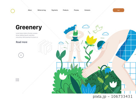 Greenery, ecology -modern flat vector concept illustration of people around the swimming pool of plants and flowers. Metaphor of environmental sustainability and protection, closeness to nature Greenery, ecology -modern flat vector concept illustration of people around the swimming pool of plants and flowers. Metaphor of environmental sustainability and protection, closeness to nature 106733431