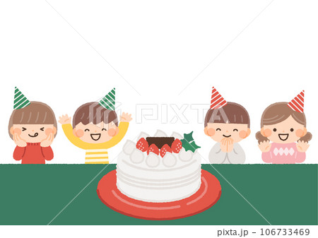 クリスマスケーキと喜ぶ子供達のイラスト素材 106733469