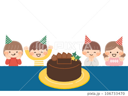 クリスマスのチョコレートケーキと喜ぶ子供達のイラスト素材 106733470