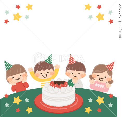 クリスマスケーキと喜ぶ子供達のフレームイラスト素材 106733472
