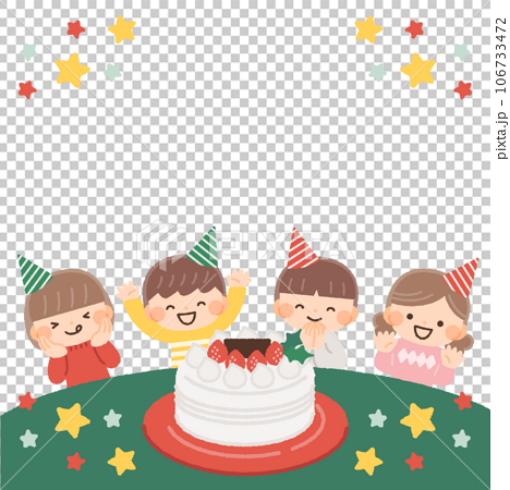 クリスマスケーキと喜ぶ子供達のフレームイラスト素材 106733472