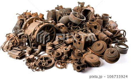 The concept of a world without war. Old rusty scrap metal military equipment in a pile, white isolate background. The concept of a world without war. Old rusty scrap metal military equipment in a pile, white isolate background. 106733924
