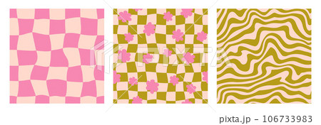 Groovy seamless background set. Repeating retro wave, daisies and checkered pattern collection. Vintage psychedelic checkerboard wallpapers. Distorted pink and green backdrop in 60s, 70s style. Vector 106733983