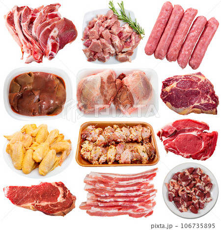Set of various fresh meat products isolated on white background 106735895