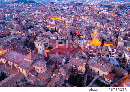 Aerial view of Vic town with ancient cathedral on winter twilight Aerial view of Vic town with ancient cathedral on winter twilight 106736038