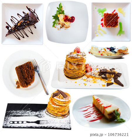 Collage of delicious desserts on a white background Collage of delicious desserts on a white background 106736221