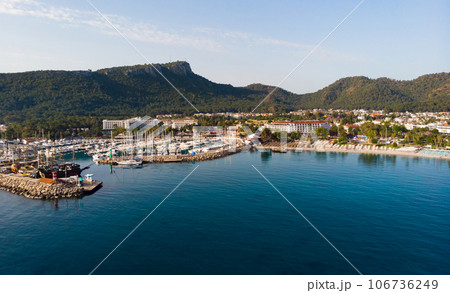 Aerial view of coastal area of Kemer and marina on Mediterranean coast 106736249