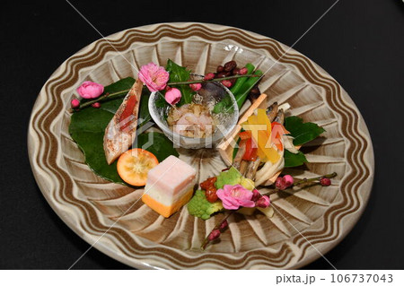 料亭で出される料理 前菜 甘海老と数の子松前 ふぐ一夜干し 料亭で出される料理 前菜 甘海老と数の子松前 ふぐ一夜干し 106737043