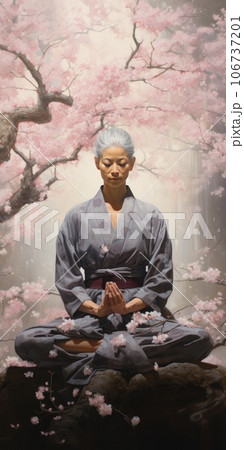 A gray-haired Asian woman in a kimono prays under flowering tree. Generative AI A gray-haired Asian woman in a kimono prays under flowering tree. Generative AI 106737201