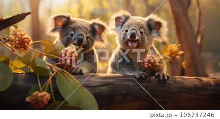 Cute Koala on branch of eucalyptus tree. Generative AI  106737246