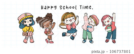 Excited Multicultural Kids in Playful Hand Drawn Cartoon School Banner Excited Multicultural Kids in Playful Hand Drawn Cartoon School Banner 106737801
