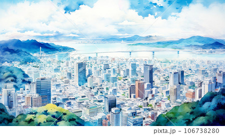海沿いの都市の水彩イラスト「AI生成画像」 106738280