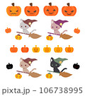 ハロウィン・魔法のホウキにのった魔法使い猫のイラストとジャックオランタン（カボチャお化け） 106738995