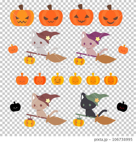 Halloween - Illustration of a wizard cat riding a magic broom and a jack-o-lantern (pumpkin ghost) 106738995