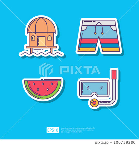 Beach Cottage House, Swimming Trunks Sport Shorts, Watermelon Vegetable and Fruit, Snorkeling Mask. Summer Vacation Sticker Icon Vector Illustration set Beach Cottage House, Swimming Trunks Sport Shorts, Watermelon Vegetable and Fruit, Snorkeling Mask. Summer Vacation Sticker Icon Vector Illustration set 106739280