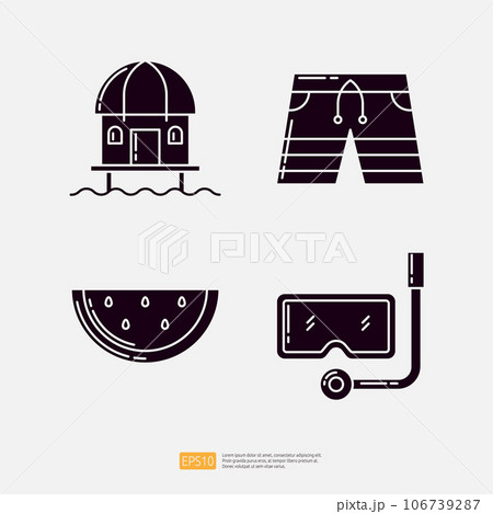 Beach Cottage House, Swimming Trunks Sport Shorts, Watermelon Vegetable and Fruit, Snorkeling Mask. Summer Vacation Solid Glyph Icon Vector Illustration set 106739287