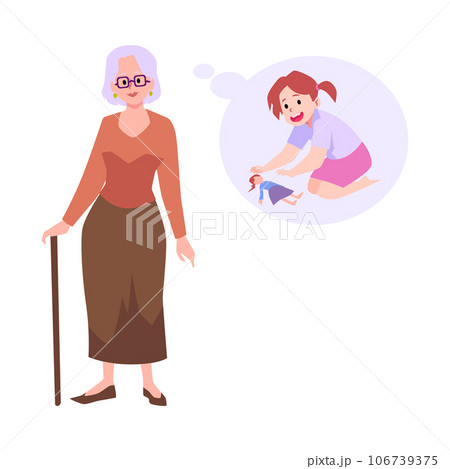 Nostalgic elderly woman remembers childhood, flat vector illustration isolated. Nostalgic elderly woman remembers childhood, flat vector illustration isolated. 106739375