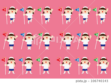 順位の旗を持った女の子のセット 順位の旗を持った女の子のセット 106740143