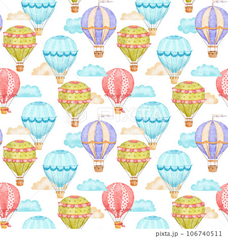 Seamless pattern with Hot Air Balloon flying in sky on white. Watercolor endless background 106740511