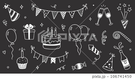 Birthday doodle icon element on chalkboard background. Hand drawn sketch doodle birthday cake, balloon, event decoration element. Party, carnival celebration concept background. Vector 106741450