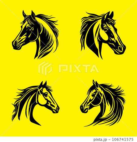 Cute Horse face Icon set black outline vector isolated on yellow background, horse head vector drawing	 106741575