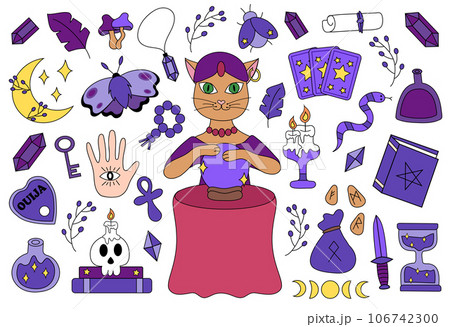 Magic and esoteric set. Cat fortune teller. Reading the future. Magic ball, Ank, moth, card tarot, snake, candle, skull, potion bottle, Ouija, runes, crystals, hourglass. Vector flat illustration. 106742300