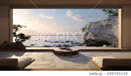 View from an oceanside living room. AI-generated content. View from an oceanside living room. AI-generated content. 106743116