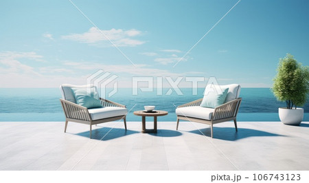 Lounge chairs laid out on the ocean. AI-generated content. 106743123