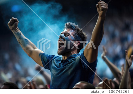Rugby fan on the stadium yelling for the team. AI-generated content. Rugby fan on the stadium yelling for the team. AI-generated content. 106743262