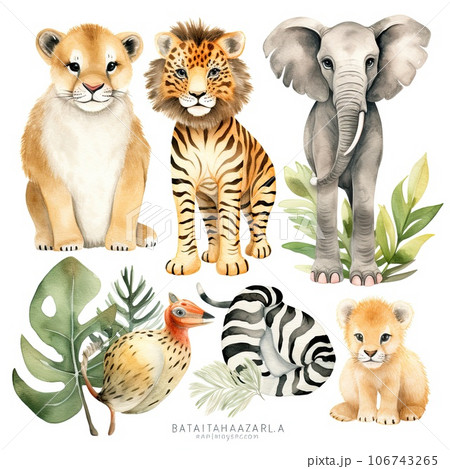 Cute wild animal cartoon style. Watercolor Drawing african baby wild animal on white background. Jungle safari animals and plants set. AI-generated content. 106743265