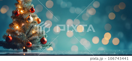 やさしくぼかされた青い背景の上に、星とバブルで飾られたクリスマスツリー。 106743441