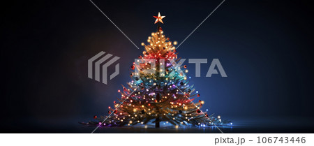 やさしくぼかされた青い背景の上に、星とバブルで飾られたクリスマスツリー。 106743446