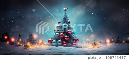 やさしくぼかされた青い背景の上に、星とバブルで飾られたクリスマスツリー。 やさしくぼかされた青い背景の上に、星とバブルで飾られたクリスマスツリー。 106743457