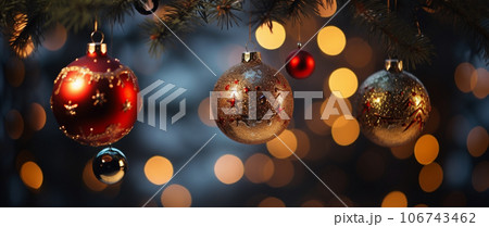 やさしくぼかされた青い背景の上に、星とバブルで飾られたクリスマスツリー。 やさしくぼかされた青い背景の上に、星とバブルで飾られたクリスマスツリー。 106743462