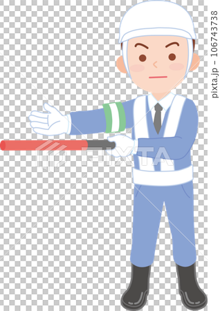 働く人_交通指導員_男性_誘導棒を左側水平にかかげる_全身 106743738