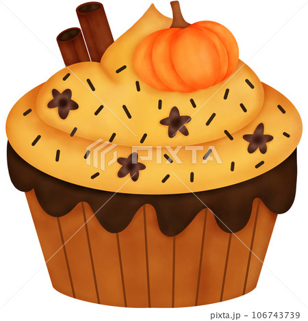 Watercolor Autumn Pumpkin Dessert. Pumpkin Cupcake. 106743739