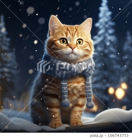 冬の夜の雪の中で遊ぶ猫 AI画像のイラスト素材 [106743753] - PIXTA