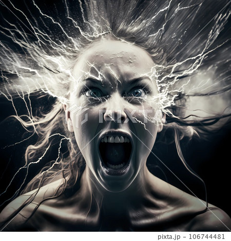 Head of woman screaming with lightning bolts Head of woman screaming with lightning bolts 106744481