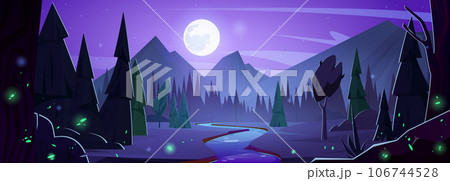 Night mountain forest with river and pine tree 106744528
