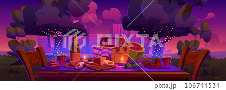 Romantic date or picnic evening in city park. Romantic date or picnic evening in city park. 106744534