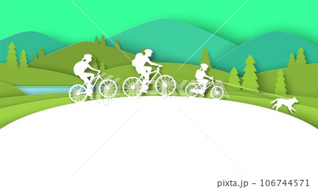 Family bike travel paper cut craft style vector illustration 106744571