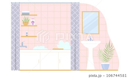 Home bathroom interior background with sink, bathtub and shelves 106744581