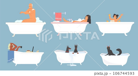 People of different age and pet domestic animals taking bath set 106744593