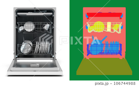 modern new open dishwasher frontview 3d render on white with color alpha modern new open dishwasher frontview 3d render on white with color alpha 106744988